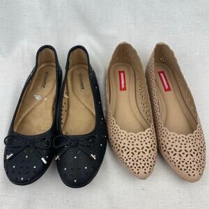 Boho Ballet Flats Tan Black Floral Perforated Pointed Toe 7M Casual Shoes